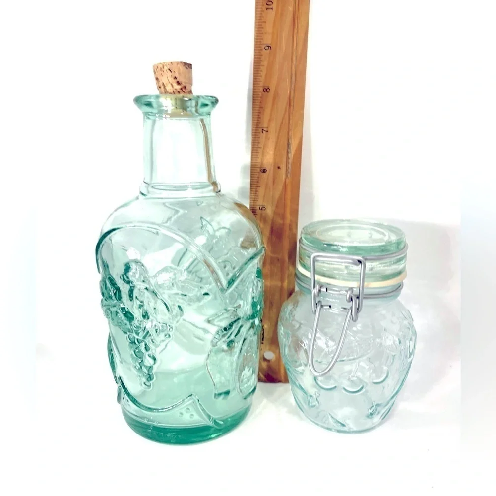 Green Glass Decanter w/ Cork and Canister w/ Bail Fruit Embossed Canada Mod Dep